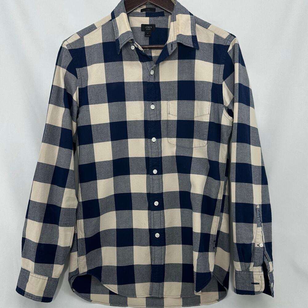 J. Crew Button Up Oxford Shirt Mens Small Slim Fit Blue Tan Buffalo Plaid Rustic
